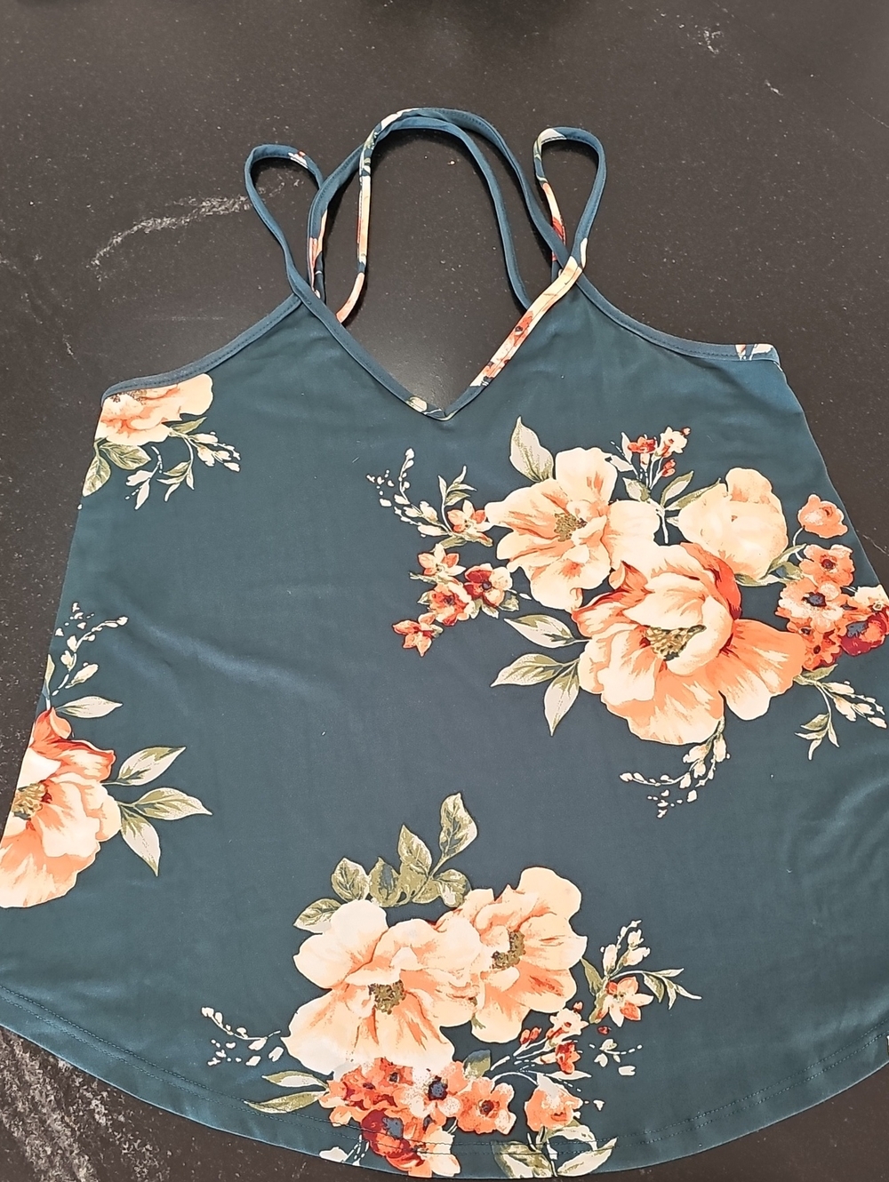 Floral V-Neck Strappy Tank Top - Green with Peach Floral